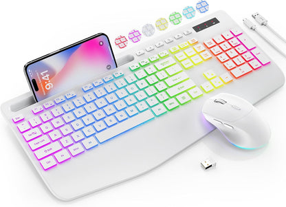 Wireless Keyboard and Mouse Combo with 9 Backlit, Wrist Rest & Phone Holder, White