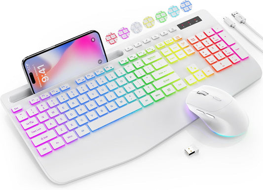 Wireless Keyboard and Mouse Combo with 9 Backlit, Wrist Rest & Phone Holder, White