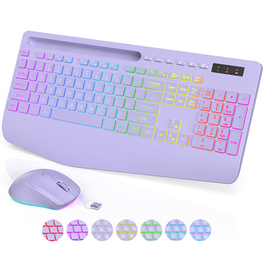 Wireless Keyboard and Mouse Combo with 9 Backlit, Wrist Rest & Phone Holder, Purple