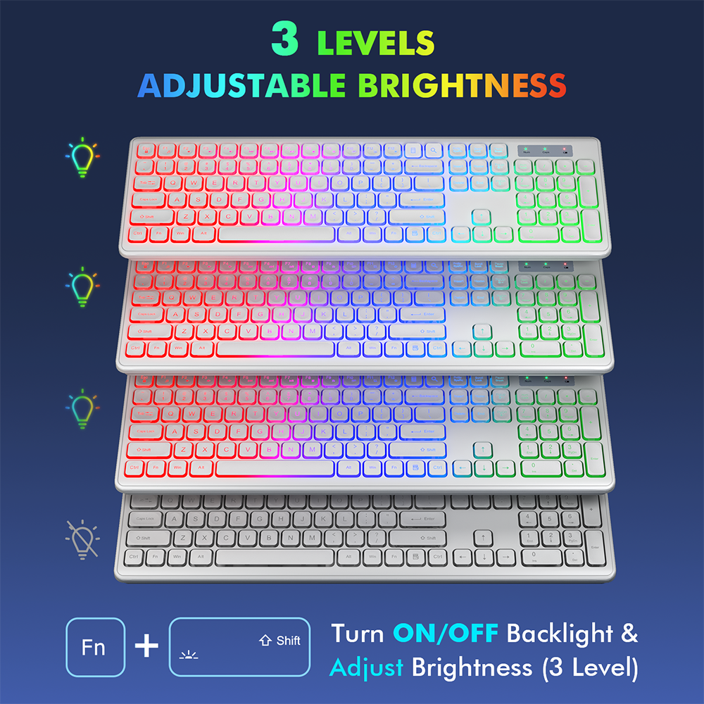 Wagpak Wireless Keyboard 7 Color Backlit Wrist Rest Rechargeable 112 Keys Quiet Keyboard White