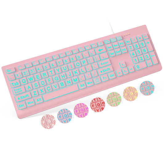 Wagpak Large Print Backlit Keyboard - Wired USB Lighted Computer Keyboard for Laptops,Pink
