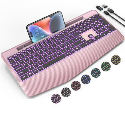 Wireless Keyboard with 7 Colored Backlits, Wrist Rest (Rose gold)