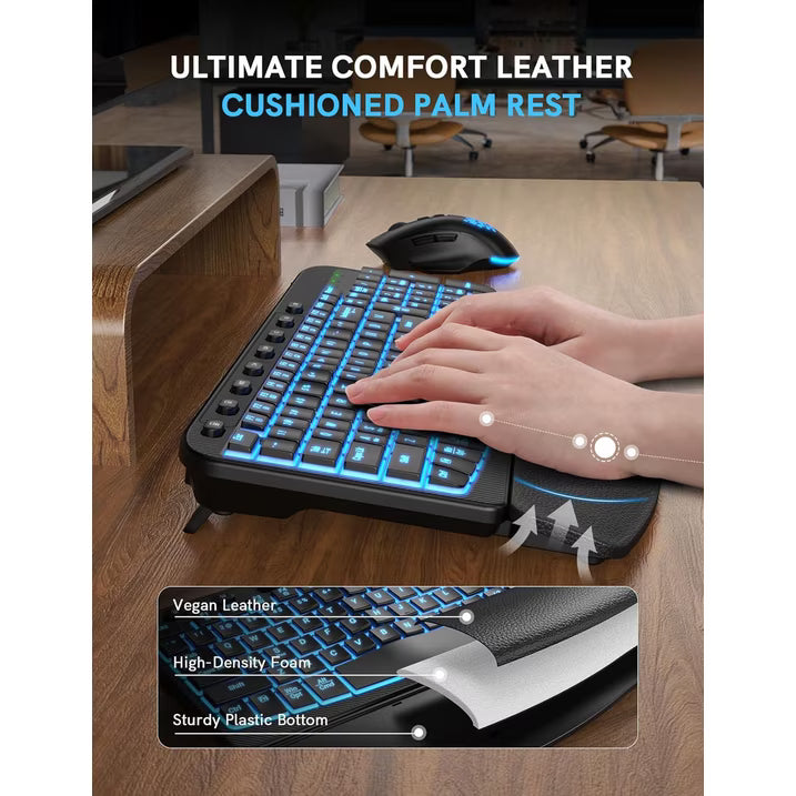 Wireless Keyboard and Mouse Combo - Ergonomic Wave Rechargeable Keyboard with Soft Leather Wrist Rest, RGB Backlit -Black