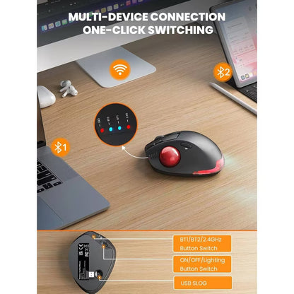 Ergonomic Wireless Trackball Mouse, Adjustable Angle, Thumb Control, Quiet Click, Rechargeable, Multi-Device Bluetooth & USB, for Windows Mac-Red Ball