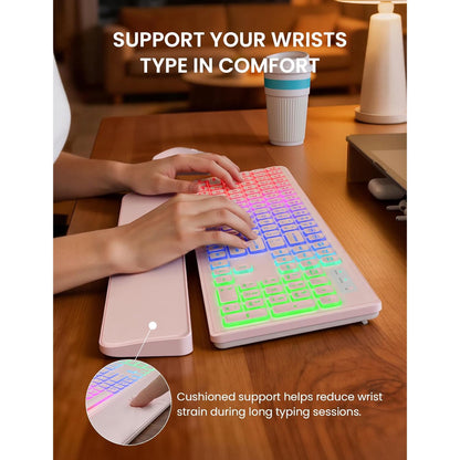 Wireless Keyboard and Mouse Combo, Rechargeable RGB Backlit with Light Up Letters, for Mac, Windows, PC & Laptop, Pastel Pink