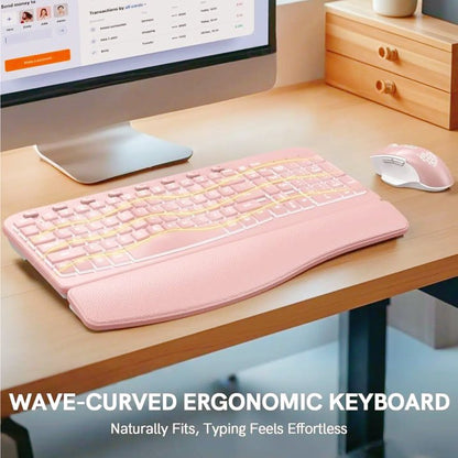 Wireless Keyboard and Mouse Combo - Ergonomic Wave Rechargeable Keyboard with Soft Leather Wrist Rest, RGB Backlit -Pink
