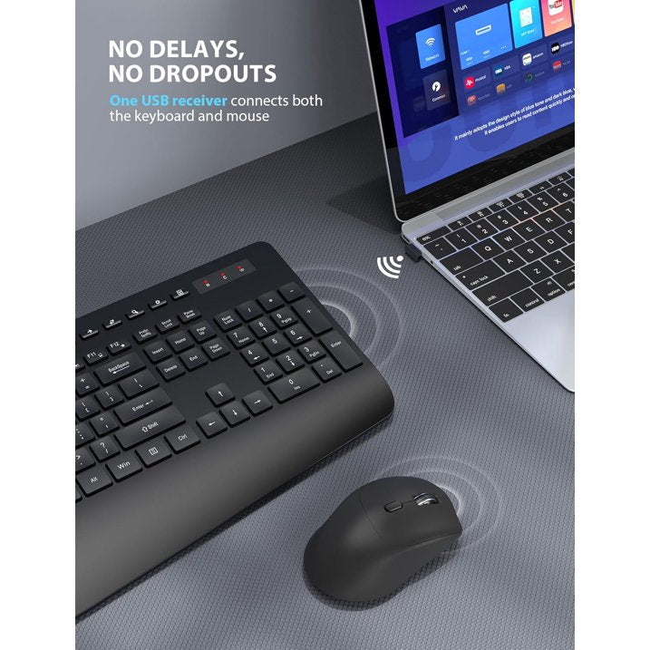 Wireless Keyboard and Mouse Combo 2 Pack Black Full Size 111 Keys QWERTY Ergonomic Wrist Rest 2.4G Quiet for PC Laptop Chromebook