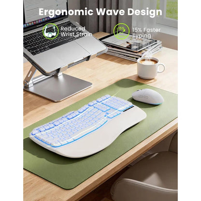 Ergonomic Wireless Keyboard and Mouse Combo, 4000mAh Rechargeable Backlit Keyboard with Lambskin Wrist Rest, Wave Keys, 10M Keystroke, USB-A/C Plug & Play for Windows Mac Chrome OS