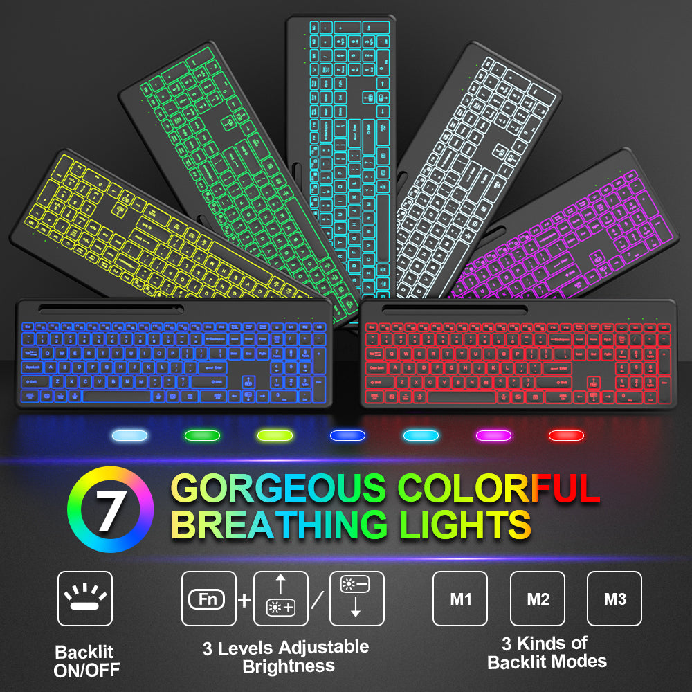 Wireless Keyboard and Mouse, 15 Backlit Effects, Slim Rechargeable Keyboard & Mouse Combo