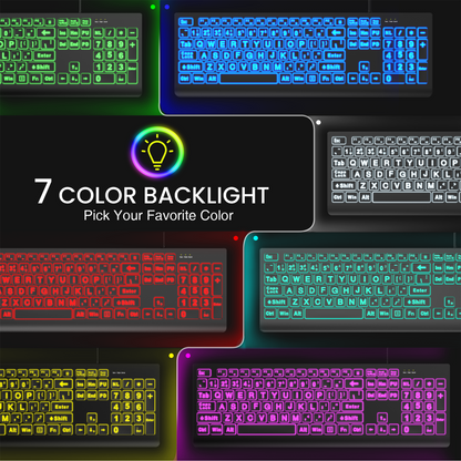 Large Print Backlit Keyboard - Wired USB Lighted Computer Keyboard