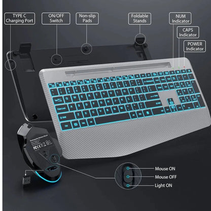 Wireless Keyboard and Mouse Backlit, Rechargeable Ergonomic Keyboard with Wrist Rest, LED Mouse, Phone Holder, Silent for Computer, Mac, PC, Laptop, Chromebook-Silver Black
