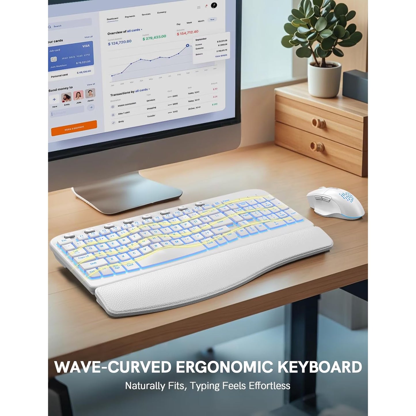 Wireless Keyboard and Mouse Combo - Ergonomic Wave Rechargeable Keyboard with Soft Leather Wrist Rest, RGB Backlit -White
