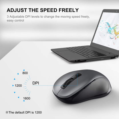 Wireless Mouse for Laptop, Ergonomic Silent Computer Mouse with USB & USB-C, 3 DPI 6 Buttons,Grey