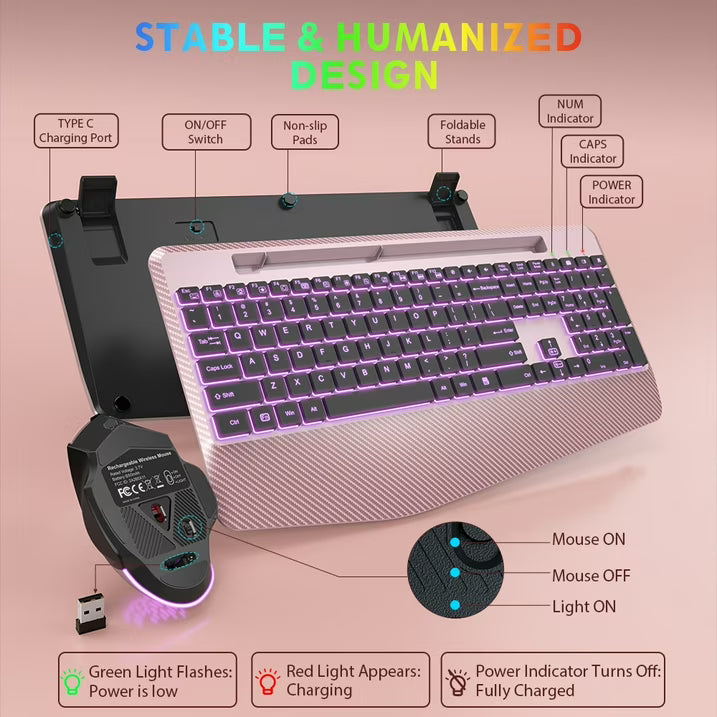 Wireless Keyboard and Mouse Backlit, Rechargeable Ergonomic Keyboard with Wrist Rest, LED Mouse, Phone Holder, Silent for Computer, Mac, PC, Laptop, Chromebook-roas gold