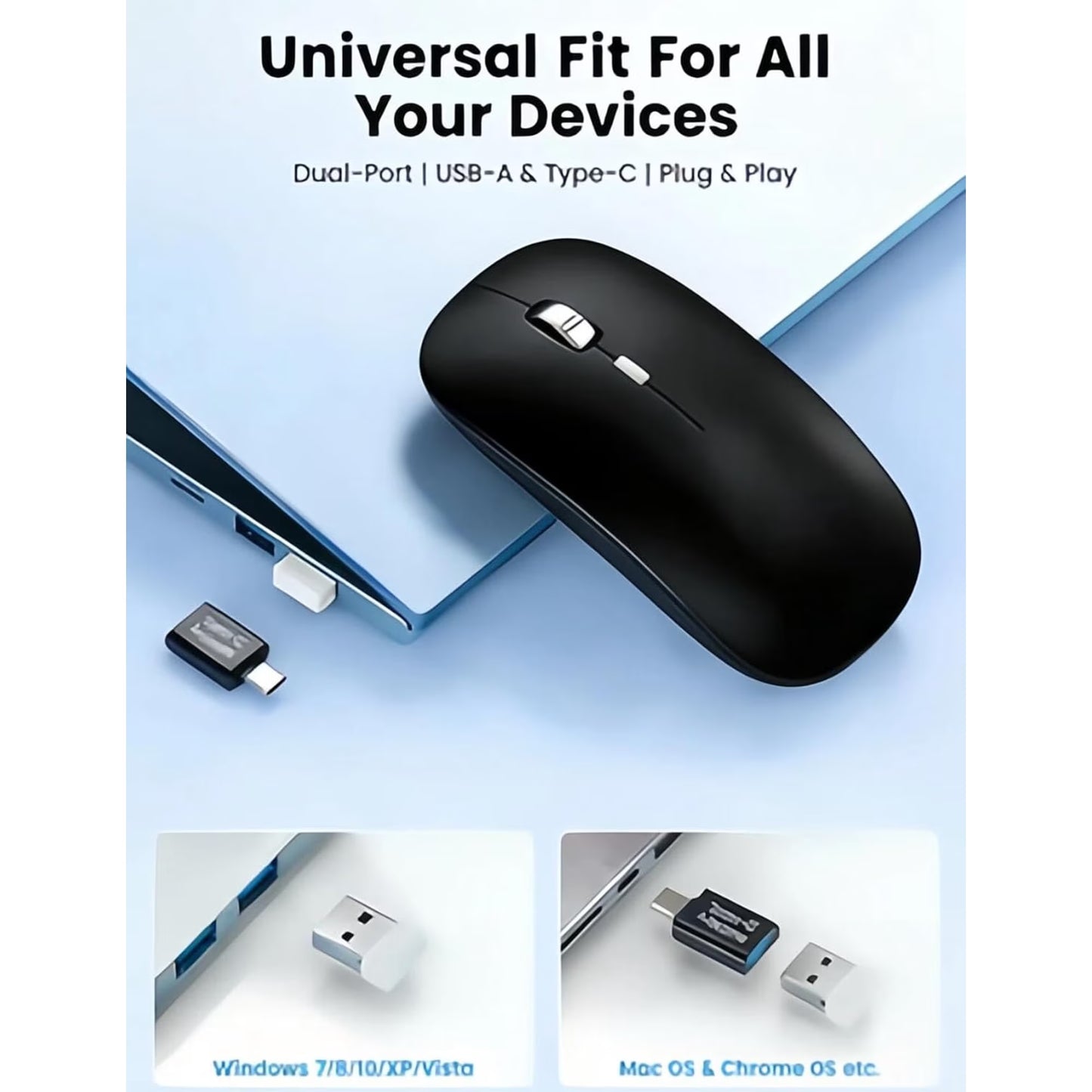 Bluetooth Wireless Mouse for MacBook, iPad, Laptop, Tri-Mode Rechargeable Silent Slim Computer Mouse for 3 Devices with USB & USB-C,Black