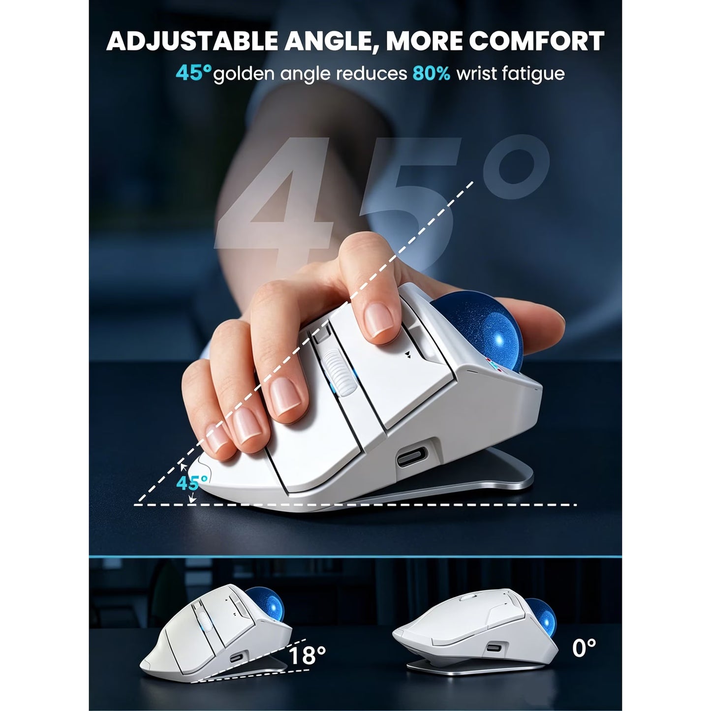 Ergonomic Wireless Trackball Mouse, Adjustable Angle, Thumb Control, Quiet Click, Rechargeable, Multi-Device Bluetooth & USB, for Windows Mac-White Ball