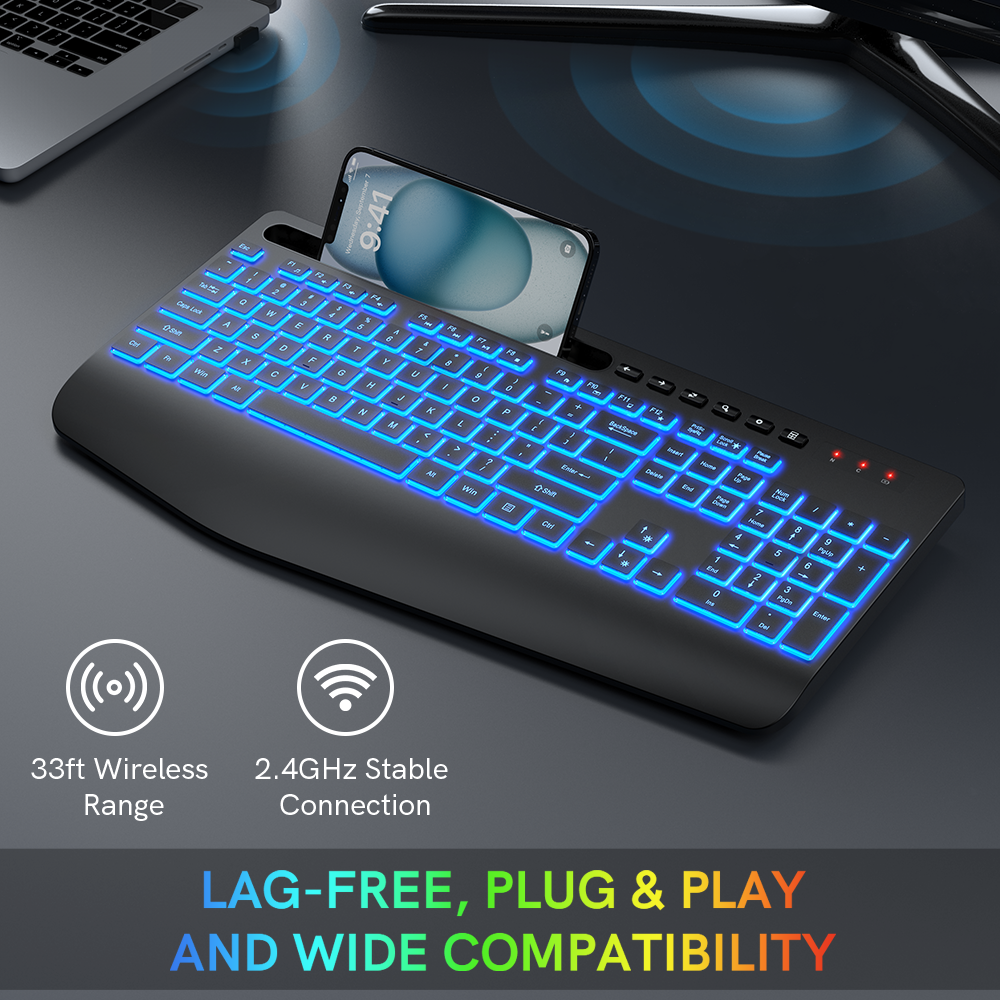 Wireless Keyboard-7 Colored Backlits-Rechargeable Ergonomic Keyboard with Silent Light Up Keys-Wrist Rest-Phone Holder-Cordless