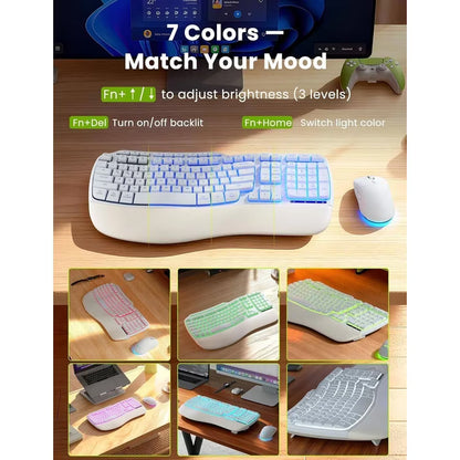 Ergonomic Wireless Keyboard and Mouse Combo, 4000mAh Rechargeable Backlit Keyboard with Lambskin Wrist Rest, Wave Keys, 10M Keystroke, USB-A/C Plug & Play for Windows Mac Chrome OS