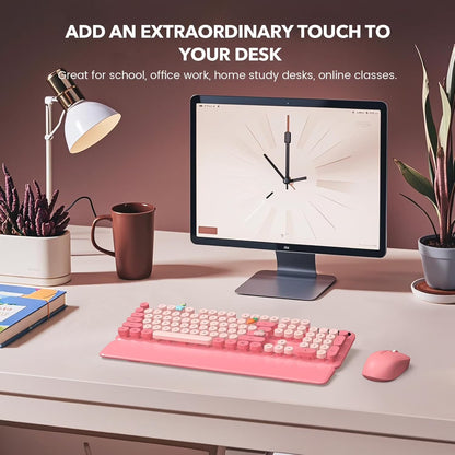 Wireless Keyboard and Mouse Combo, Retro Round Keycaps, Full Size with Detachable Wrist Rest, 2.4G for PC Mac Windows, Light Pink
