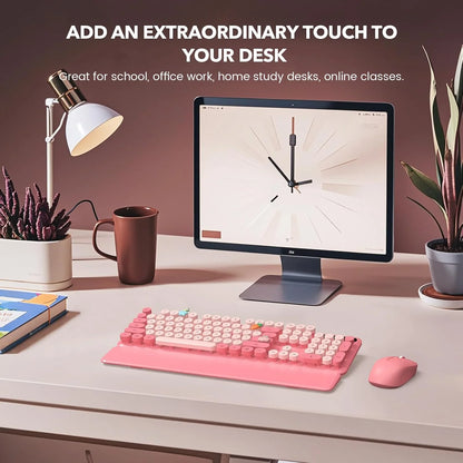 Wireless Keyboard & Mouse Set– Retro Round Keycaps, Detachable Wrist Rest, 2.4GHz Cordless Connection for Mac/Windows/PC
