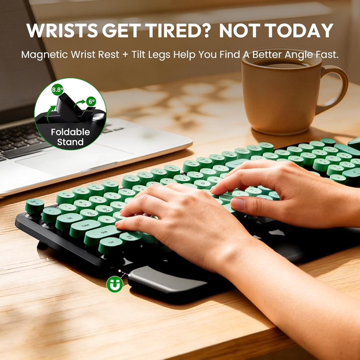 Wireless Keyboard & Mouse Set – Retro Round Keycaps, Detachable Wrist Rest, 2.4GHz Cordless Connection for Mac/Windows/PC