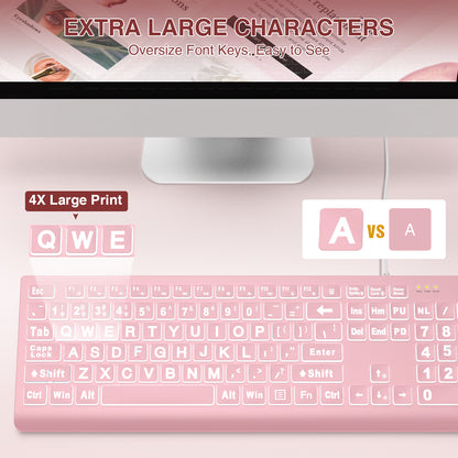 Wagpak Large Print Backlit Keyboard - Wired USB Lighted Computer Keyboard for Laptops,Pink
