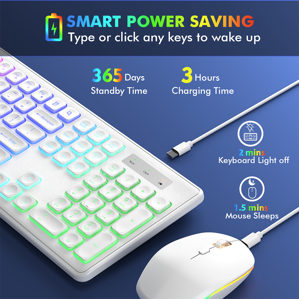Wagpak Wireless Keyboard 7 Color Backlit Wrist Rest Rechargeable 112 Keys Quiet Keyboard White