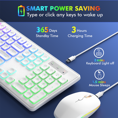 Wagpak Wireless Keyboard 7 Color Backlit Wrist Rest Rechargeable 112 Keys Quiet Keyboard White