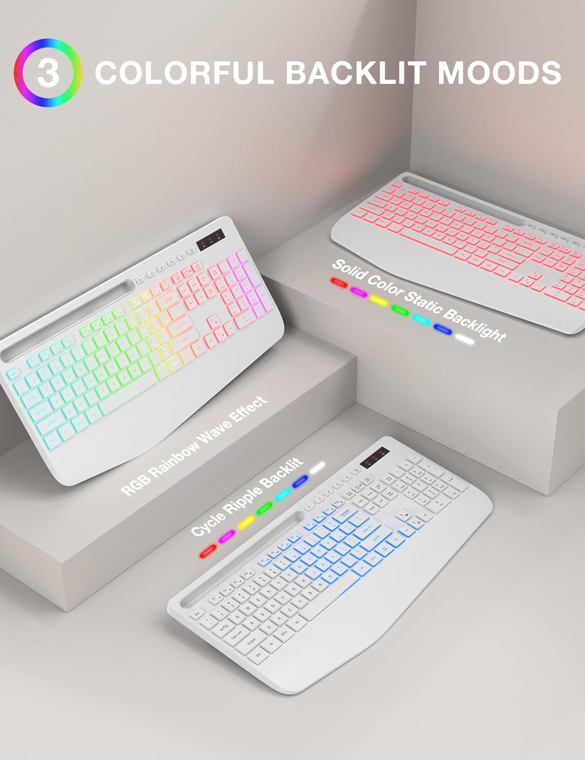 Wireless Keyboard and Mouse Combo with 9 Backlit, Wrist Rest & Phone Holder, White
