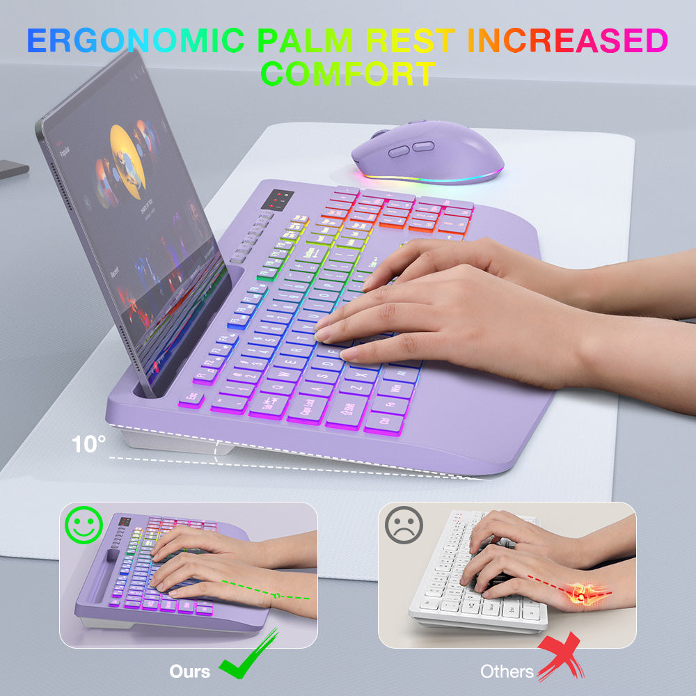 Wireless Keyboard and Mouse Combo with 9 Backlit, Wrist Rest & Phone Holder, Purple