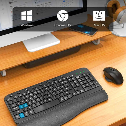 Ergonomic Wireless Keyboard and Mouse Combo, Leather Cushioned Palm Rest, Wave Keys, Silent Typing, 2.4G Lag-Free-Wagpak