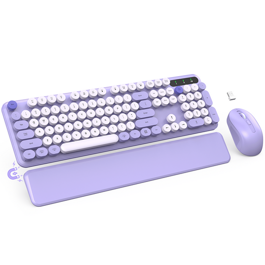 Wireless Keyboard & Mouse Set (Purple) – Retro Round Keycaps, Detachable Wrist Rest, 2.4GHz Cordless Connection for Mac/Windows/PC