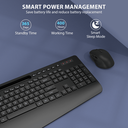 Ergonomic Wireless Keyboard and Mouse Combo with Phone Holder - Full-Sized, Silent, 2.4GHz Cordless Set for PC, Mac, Windows