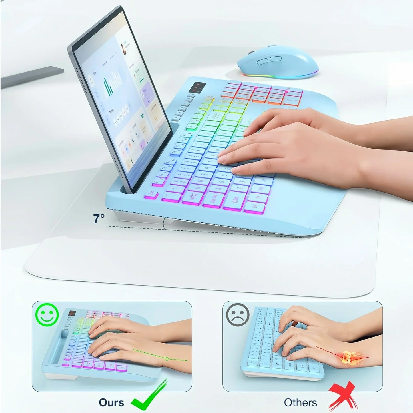 Wireless Keyboard and Mouse Combo with 9 Backlit, Wrist Rest & Phone Holder, Sky Blue