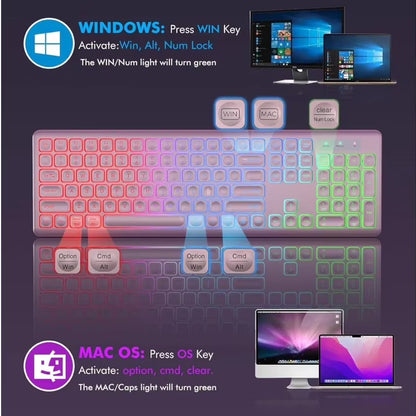 Wagpak Wireless Keyboard and Mouse Combo RGB Backlit Rechargeable 2.4GHz Quiet 108 Keys Keyboard-Rose Gold