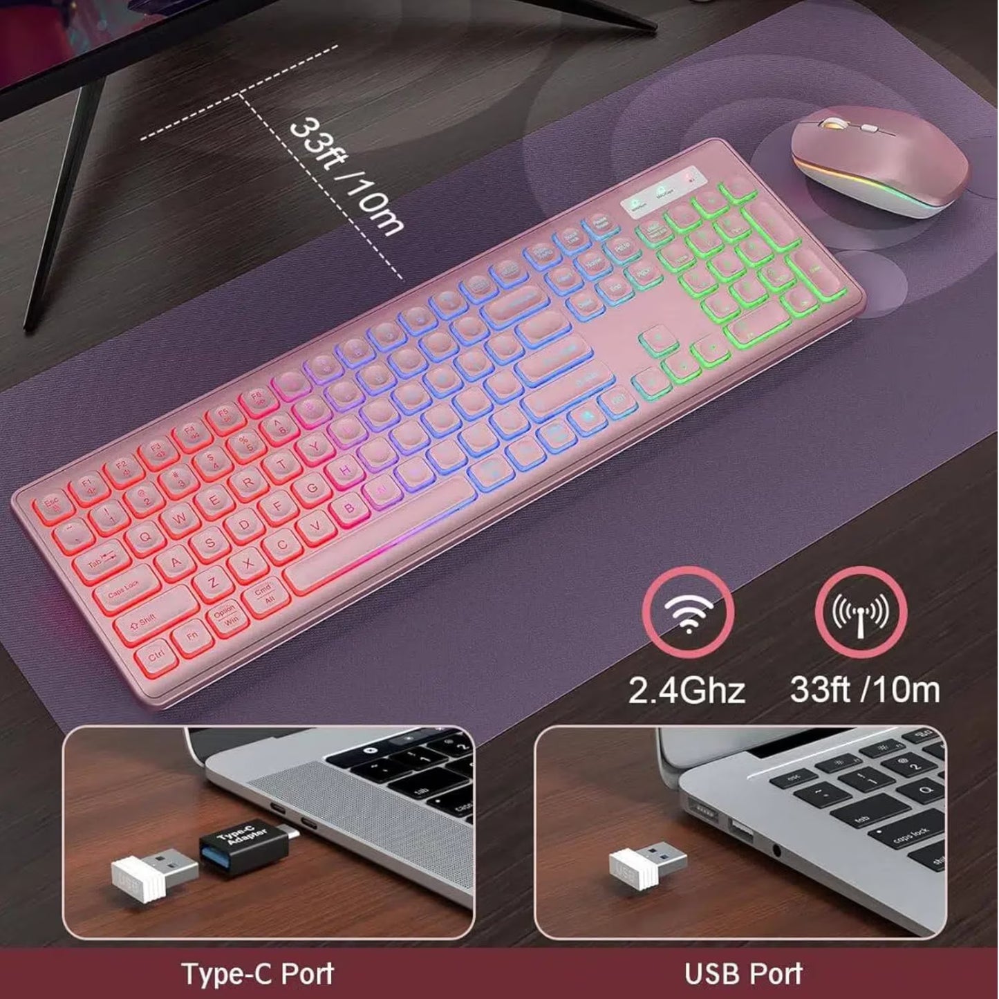 Wagpak Wireless Keyboard and Mouse Combo RGB Backlit Rechargeable 2.4GHz Quiet 108 Keys Keyboard-Rose Gold