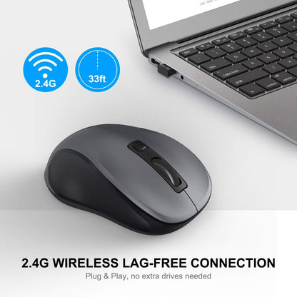 Wireless Mouse for Laptop, Ergonomic Silent Computer Mouse with USB & USB-C, 3 DPI 6 Buttons,Grey