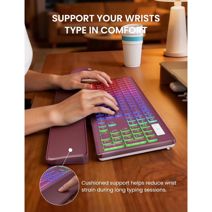 Wireless Keyboard and Mouse Combo, Rechargeable RGB Backlit with Light Up Letters, for Mac, Windows, PC & Laptop, Berry Red