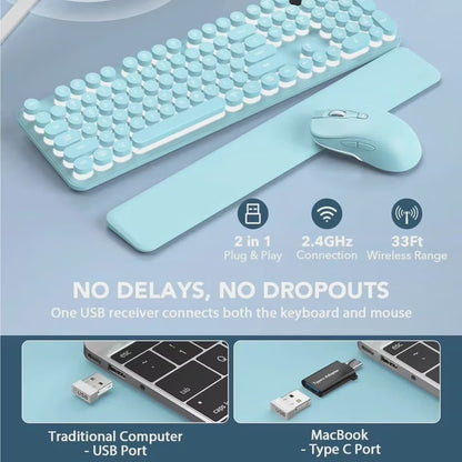 Wagpak Wireless Keyboard and Mouse Backlit - Retro Round Keycaps, Detachable Wrist Rest, Mint Green, New, 1 Count