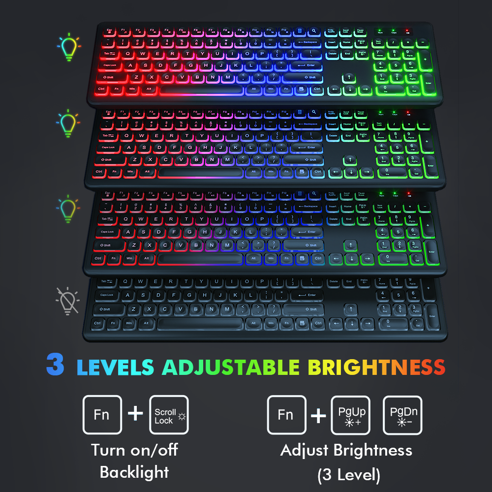 Wireless Keyboard and Mouse Combo - RGB Backlit-Rechargeable & Light Up Letters-Ergonomic Tilt Angle-Full-Size-Sleep