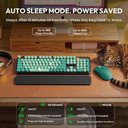 Wireless Keyboard & Mouse Set – Retro Round Keycaps, Detachable Wrist Rest, 2.4GHz Cordless Connection for Mac/Windows/PC