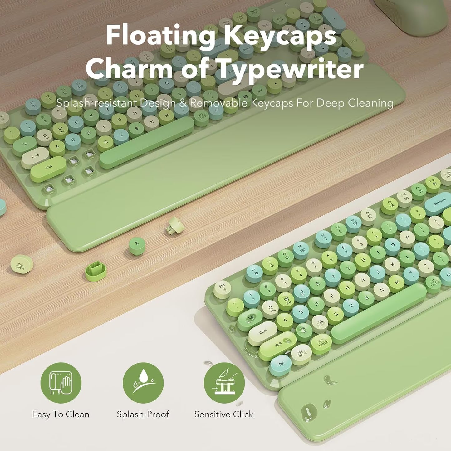 Wireless Keyboard and Mouse Combo Latte, Retro Round Keycaps, Full Size with Detachable Wrist Rest, 2.4G for PC Mac Windows