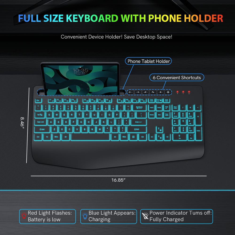 Wireless Keyboard-7 Colored Backlits-Rechargeable Ergonomic Keyboard with Silent Light Up Keys-Wrist Rest-Phone Holder-Cordless