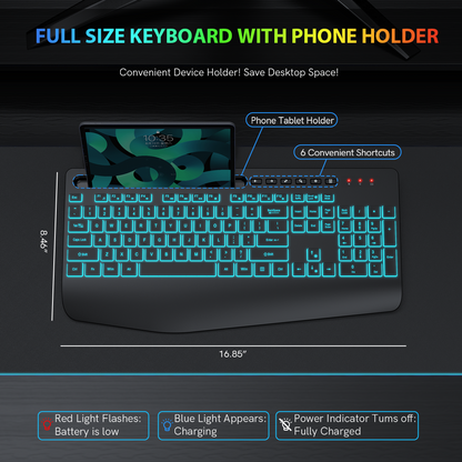 Wireless Keyboard-7 Colored Backlits-Rechargeable Ergonomic Keyboard with Silent Light Up Keys-Wrist Rest-Phone Holder-Cordless