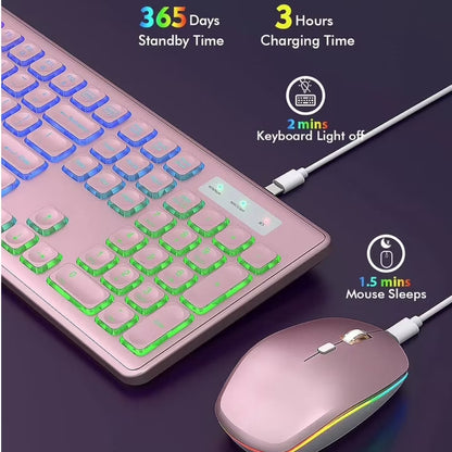 Wagpak Wireless Keyboard and Mouse Combo RGB Backlit Rechargeable 2.4GHz Quiet 108 Keys Keyboard-Rose Gold
