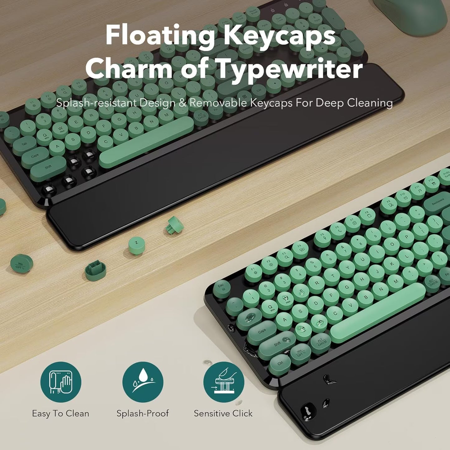 Wireless Keyboard and Mouse Combo, Retro Round Keycaps, Full Size with Detachable Wrist Rest, 2.4G for PC Mac Windows, Dark Green