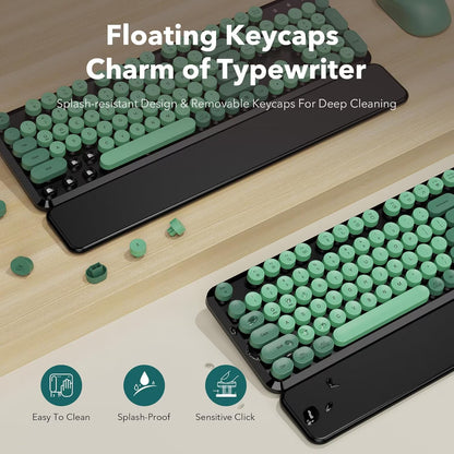 Wireless Keyboard and Mouse Combo, Retro Round Keycaps, Full Size with Detachable Wrist Rest, 2.4G for PC Mac Windows, Dark Green