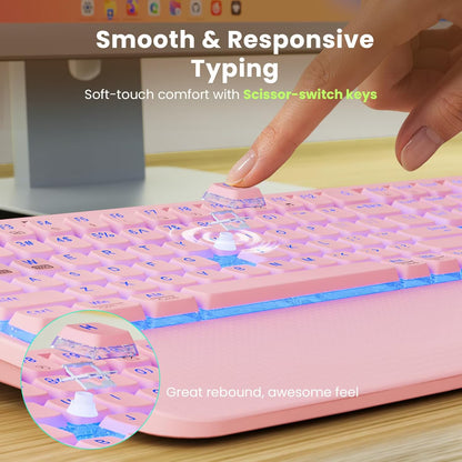 Rechargeable Backlit Wireless Keyboard and Mouse Combo, Ergonomic with Wrist Rest & Phone Holder, Silent for Windows/Mac/Chrome OS - Pink