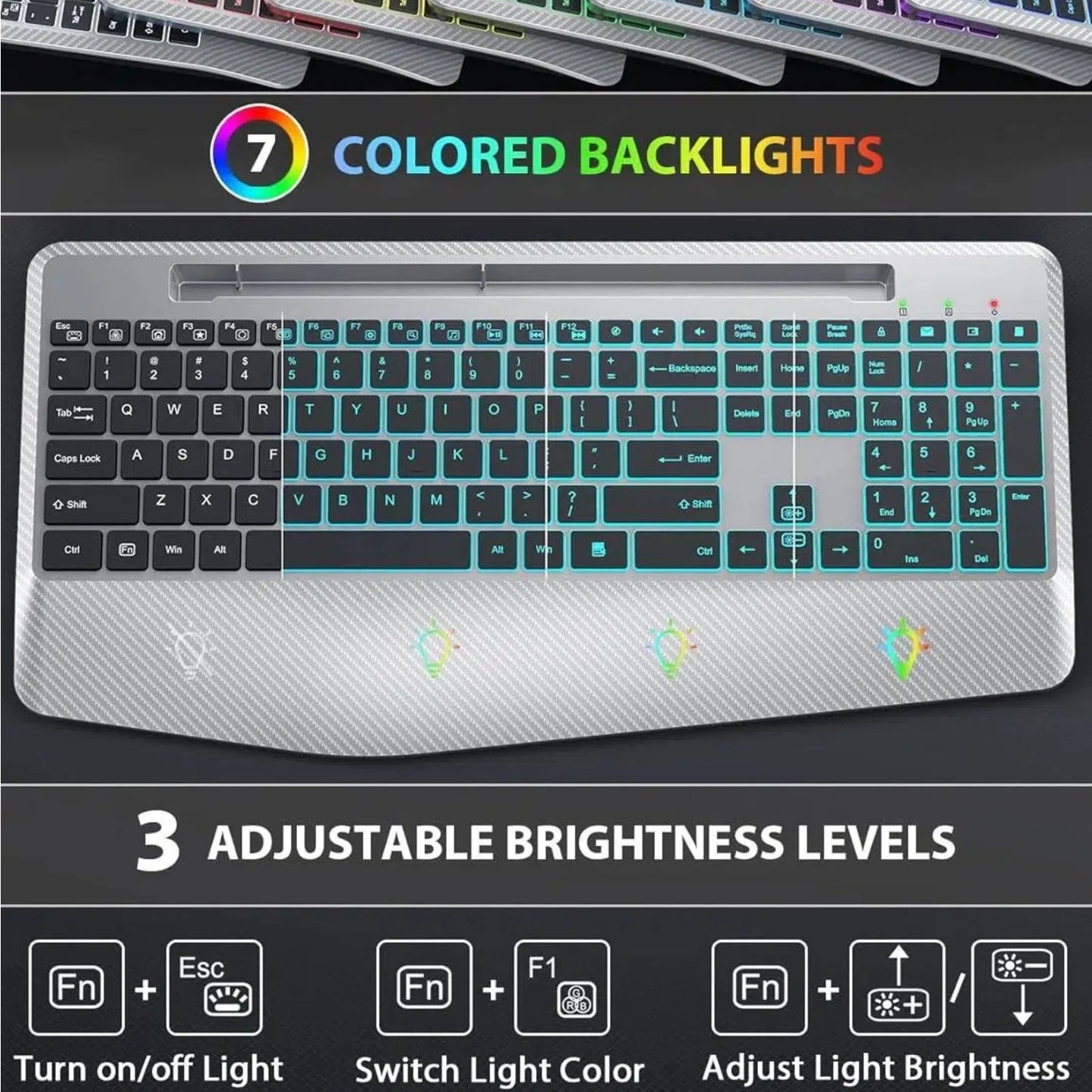 Wireless Keyboard and Mouse Backlit, Rechargeable Ergonomic Keyboard with Wrist Rest, LED Mouse, Phone Holder, Silent for Computer, Mac, PC, Laptop, Chromebook-Silver Black