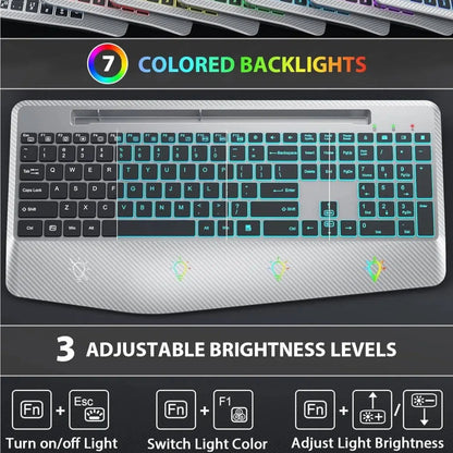 Wireless Keyboard and Mouse Backlit, Rechargeable Ergonomic Keyboard with Wrist Rest, LED Mouse, Phone Holder, Silent for Computer, Mac, PC, Laptop, Chromebook-Silver Black